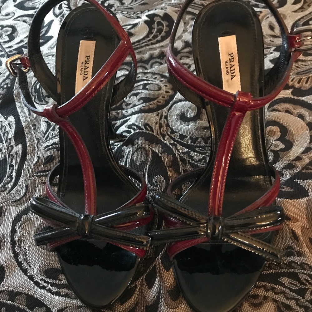 Authentic Prada Burgundy/ Black Patent Sandal
